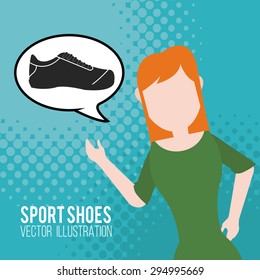 woman talking sports shoes over blue color background