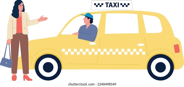 Woman talking with taxi driver. Passenger transport service