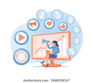 Woman talking using megaphone. Placing advertisements to increase business targets. Digital Marketing concept. Flat vector illustration.