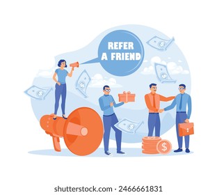 Woman talking using a megaphone. Refer friends in exchange for rewards. Referral Program concept. Flat vector illustration.