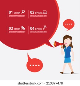 Woman talking using megaphone vector design