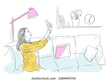 Woman talking video call on smartphone or taking selfie, sitting on sofa in comfortable relaxing home atmosphere, self isolation at coronavirus quarantine time, Hand drawn illustration Vector sketch