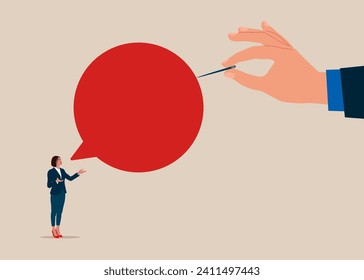 The woman talks a lot about nothing. Hand with pin popping speech bubble. Flat vector illustration