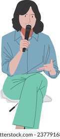 A woman talks about something and conveys it to the public