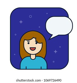 Woman talks, client support, customer help service concept. Line vector icon. Flat linear illustration isolated on blue background