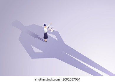 Woman talks into a megaphone against a large man's shadow. Feminism speaks out loud, the power of women, the gender gap bias. isometric vector illustration.