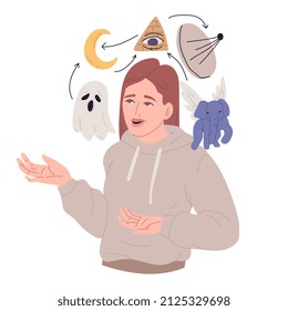 The woman talks, jumping from topic to topic. Symptom of schizophrenia: disorganized thinking. Conceptual illustration of a mental disorder. Flat cartoon picture.