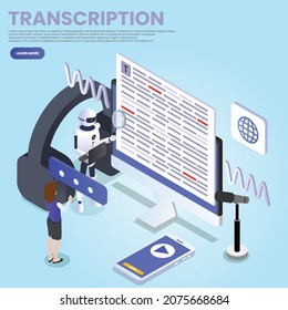 La mujer habla con el robot para transcripción concepto de vector 3d isométrico para banner, sitio web, ilustración, página de aterrizaje, volante, etc.