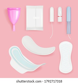Woman tampon. Every day absorbent soft fresh pad for ladies hygiene sanitary care vector realistic illustrations