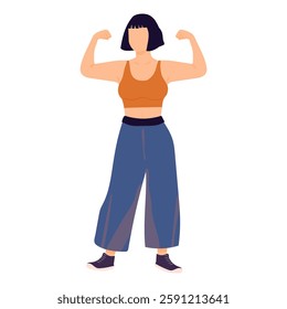 A woman in a tank top and blue jeans is flexing her muscles. Concept of strength and confidence