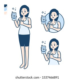 A woman in a tank top with cashless payment on smartphone images.
It's vector art so it's easy to edit.

