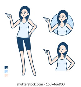 A woman in a tank top with Explanation Pointing image.
It's vector art so it's easy to edit.

