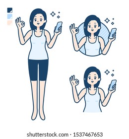 A woman in a tank top with Holding a smartphone and doing an OK sign images.
It's vector art so it's easy to edit.

