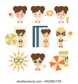 Woman Tanning And Using Skin Protection Flat Simple Cartoon Infographic Style Illustration On White Background