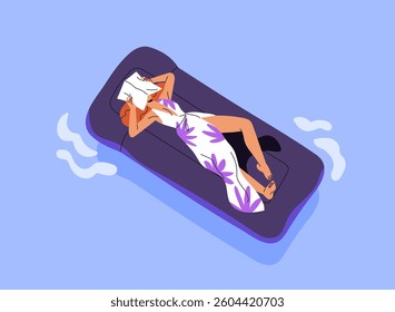 Woman tans in sun on pool raft in sea. Tourist is sunbathing on inflatable mattress in ocean top view. Girl in dress floating, lying on floater on water in summer. Flat isolated vector illustration