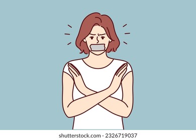 Woman with tape on mouth crosses arms calling for end to discrimination or violation of female rights. Girl feminist fight against discrimination and censorship restricting freedom of speech