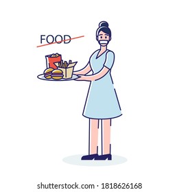 Woman with taped mouth on diet or with stomach illness holding tray with fast food. Healthy lifestyle, nutrition and balanced dieting concept. Linear vector illustration