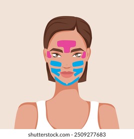 Woman with tapes on her face. Tape application technique. Facelift. Vector template for advertising, website, banner, posters, cover
