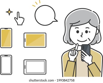 Woman tapping a mobile phone with a speech bubble. Vector illustration isolated on white background.