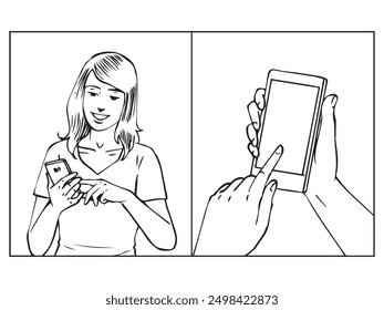 A woman tapping the phonecell in split screen view. Illustration in outline and vector format.