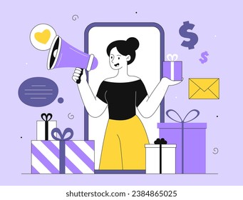 Woman with targeted advertising line. Young girl with loudspeaker and gift boxes at smartphone. Marketing on internet and in social networks. Poster or banner. Linear flat vector illustration