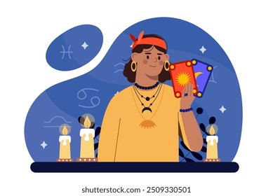 Mulher com cartas de tarô. Fortune Teller com equipamentos mágicos. Vidente com velas. Magia e fantasia, feitiçaria, bruxaria. Ilustração de vetor plano isolada no plano de fundo branco