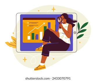 Woman with task control concept. Young girl with magnifying glass near graphs and diagrams. Scheduling and planning, organizing efficient work process. Cartoon flat vector illustration