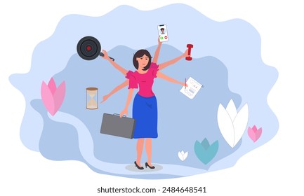 A woman with tasks to complete, doing several activities at the same time, concept of multitasking and time management. Flat vector drawing.
