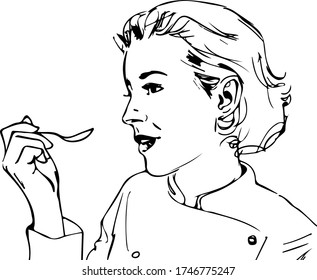 woman tastes food with a teaspoon