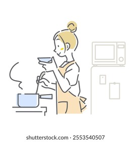 A woman tasting food while cooking - simple and stylish line drawing illustration
