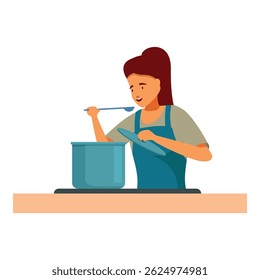 Woman is tasting soup from a pot while cooking in the kitchen