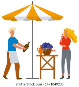 Woman tasting wine on harvest festival in Europe, waiter carrying bottle of drink. Female holding glass with alcohol beverage, table with grapes vector. Flat cartoon