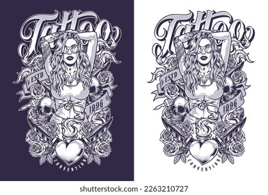 Woman tattoo convention monochrome flyer with knife and heart or skulls near flowers around girl vector illustration