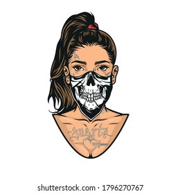 Woman with tattoos scary mask and ponytail hairstyle in vintage style isolated vector illustration