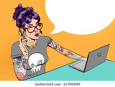 Woman with tattoos talking on the phone and working on the computer. Pop art comics retro design vector illustration.