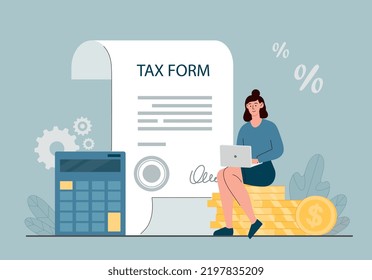 Woman with tax form. Young girl with laptop indicates her income and expenses for state, pays her bills. Financial literacy, planning. Entrepreneur or employee. Cartoon flat vector illustration