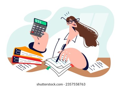 Woman tax inspector holds calculator and smiles sits at office desk and shows amount debt revealed after checking documents. Girl tax inspector or accountant helping to draw up financial papers