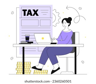 Woman with tax line concept. Young girl with financial bill and occupataion. Worker with budget planning and accounting. Financial literacy and saving. Linear flat vector illustration