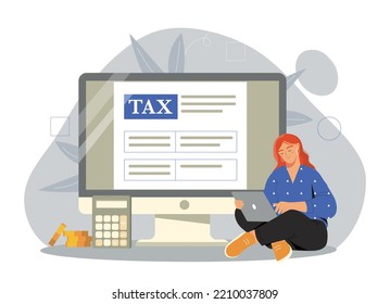 Woman with tax. Young girl with laptop fills out tax form, pays her bills. Financial literacy, budgeting and accounting. Modern technologies and digital world. Cartoon flat vector illustration