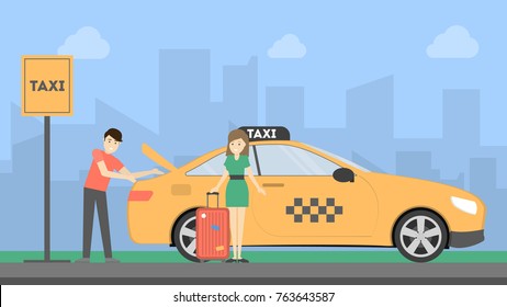 Woman with taxi driver putting luggage in the car on taxi stop.