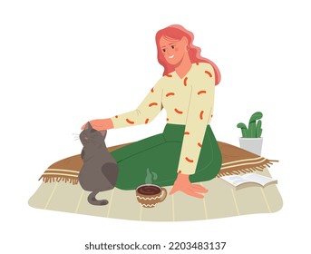 Woman with tea and cat. Young girl strokes her pet and sits with mug of hot drink. Rest in cold weather, autumn or winter season. Good time spending, positive. Cartoon flat vector illustration