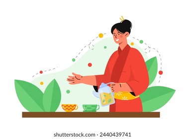 Woman with tea concept. Young girl with herbal hot drinks and ceramics mug or cup. Relaxation and wellbeing. Poster or banner. Cartoon flat vector illustration isolated on white background