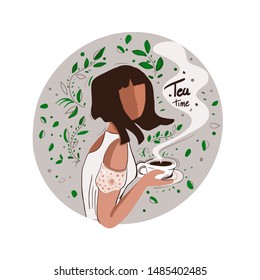 Woman with a tea cup on a herbal background. Tea time vector illustration.