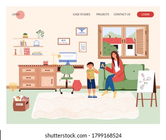 Woman teach her son abc. Home school concept illustration. Vector web site design template. Mother play with kid at home