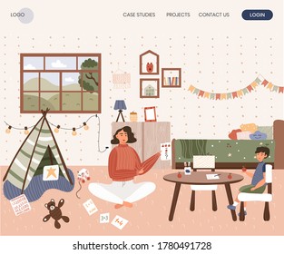 Woman teach her son mental arithmetic using cards. Home school concept illustration. Vector web site design template. Mother play with kid at home