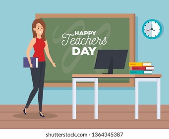 woman teacher with blackboard and computer with books