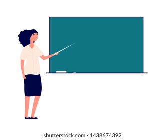 Woman teacher at blackboard. female tutor in classroom teaching students. School education vector concept. Illustration of woman teacher near blackboard, education and teaching