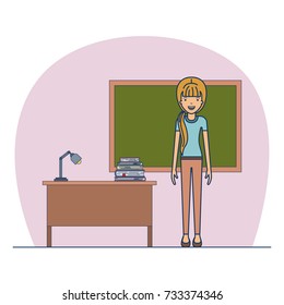 woman teacher in casual wear on classroom with desk with books and chalkboard vector illustration