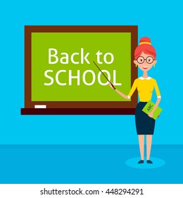 Woman Teacher with Chalkboard Back to School. Vector Illustration of People Character in Classroom. Flat Style Education Concept.