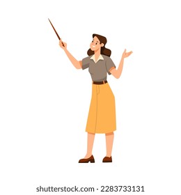 Woman Teacher Character Standing with Pointer and Explaining Something Vector Illustration